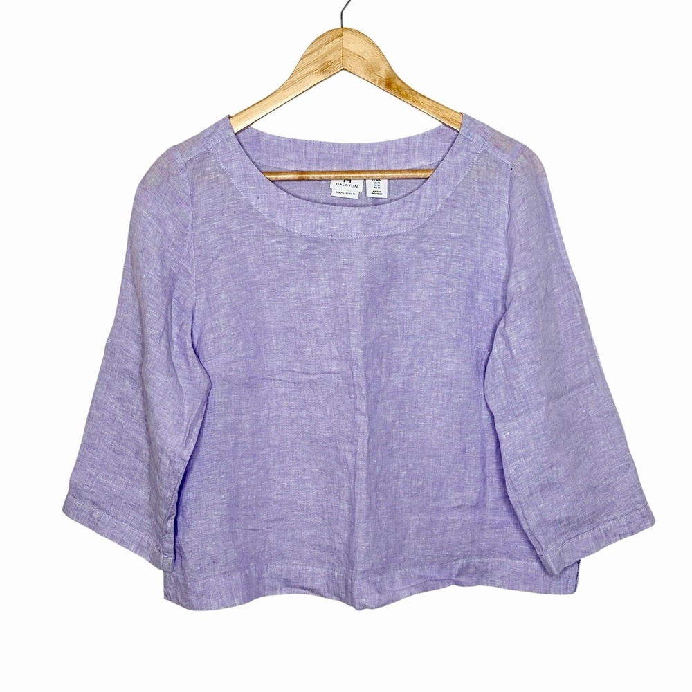 Halston Linen Top Lavender Womens M Coastal Boxy Resort Beachy Pastel 3/4 Sleeve